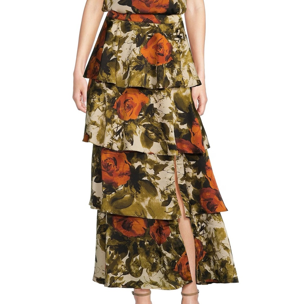 Skies are blue Floral Tiered Maxi Skirt - Orange and Green